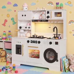 8-in-1 Wooden Play Kitchen Set For Kids gift With Lights Sounds,  Ice Maker, Coffee Machine, Washer, 11 Accessories & Storage, Ages 3+