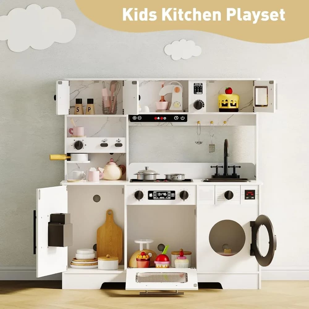 8-in-1 Wooden Play Kitchen Set For Kids gift With Lights Sounds,  Ice Maker, Coffee Machine, Washer, 11 Accessories & Storage, Ages 3+