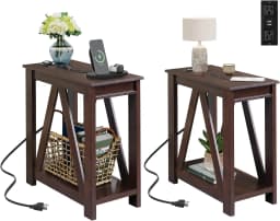 End Tables Living Room Set of 2 with Charging Station, Sofa Side Tables with Open Storage Shelf, Slim Farmhouse End Table Sets, Charcoal Black
