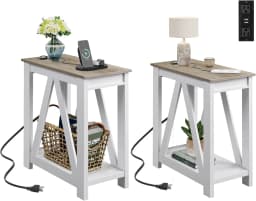 End Tables Living Room Set of 2 with Charging Station, Sofa Side Tables with Open Storage Shelf, Slim Farmhouse End Table Sets, Charcoal Black
