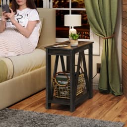 End Tables Living Room Set of 2 with Charging Station, Sofa Side Tables with Open Storage Shelf, Slim Farmhouse End Table Sets, Charcoal Black
