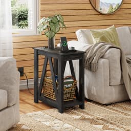 End Tables Living Room Set of 2 with Charging Station, Sofa Side Tables with Open Storage Shelf, Slim Farmhouse End Table Sets, Charcoal Black