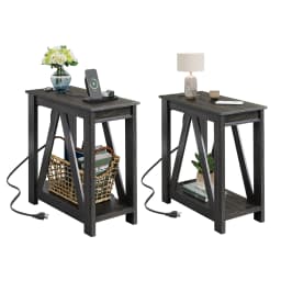 End Tables Living Room Set of 2 with Charging Station, Sofa Side Tables with Open Storage Shelf, Slim Farmhouse End Table Sets, Charcoal Black