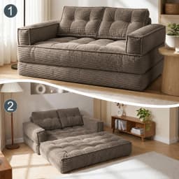 51" Modular Corduroy Floor Couch with Chaise, 2-in-1 Boneless Convertible Sofa Bed, Lazy Double Loveseat with Armrests for Living Room, Apartment & Game Room