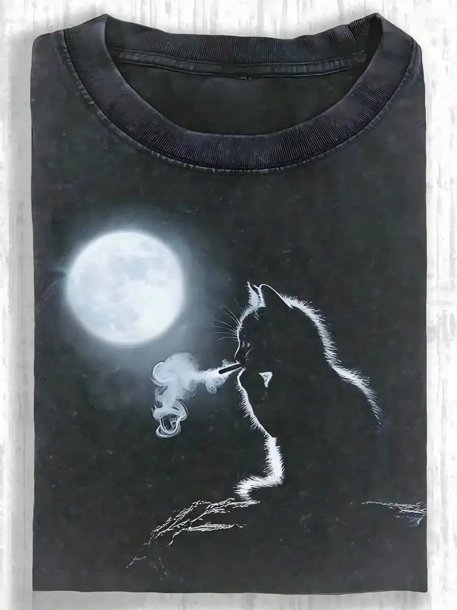 Unisex Washed Smoking‑Loving Cat Wax‑Printed Graphic Print Crew Neck Short Sleeve Retro Vintage High‑Quality Cotton Daily Wear Tee