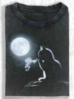 Unisex Washed Smoking‑Loving Cat Wax‑Printed Graphic Print Crew Neck Short Sleeve Retro Vintage High‑Quality Cotton Daily Wear Tee