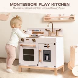 ROBUD Wooden Kids Kitchen Playset with Sound Light Stove Oven Pot Utensils Educational Role Play Toy Gift for 3 6 Years White