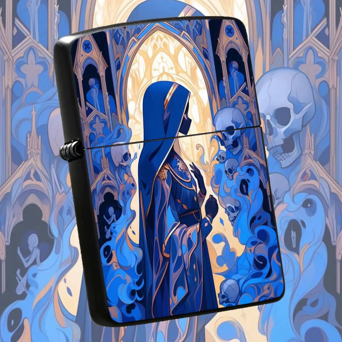 Reusable Flip-top Pocket Metal Windproof Lighter with Gothic Skeleton Nun Design, Retro Dark Religious Aesthetic Style, Creative Personalized Portable Ignition Tool, Ideal for Niche Trend Playand Gift-giving Humorous and Fun Light