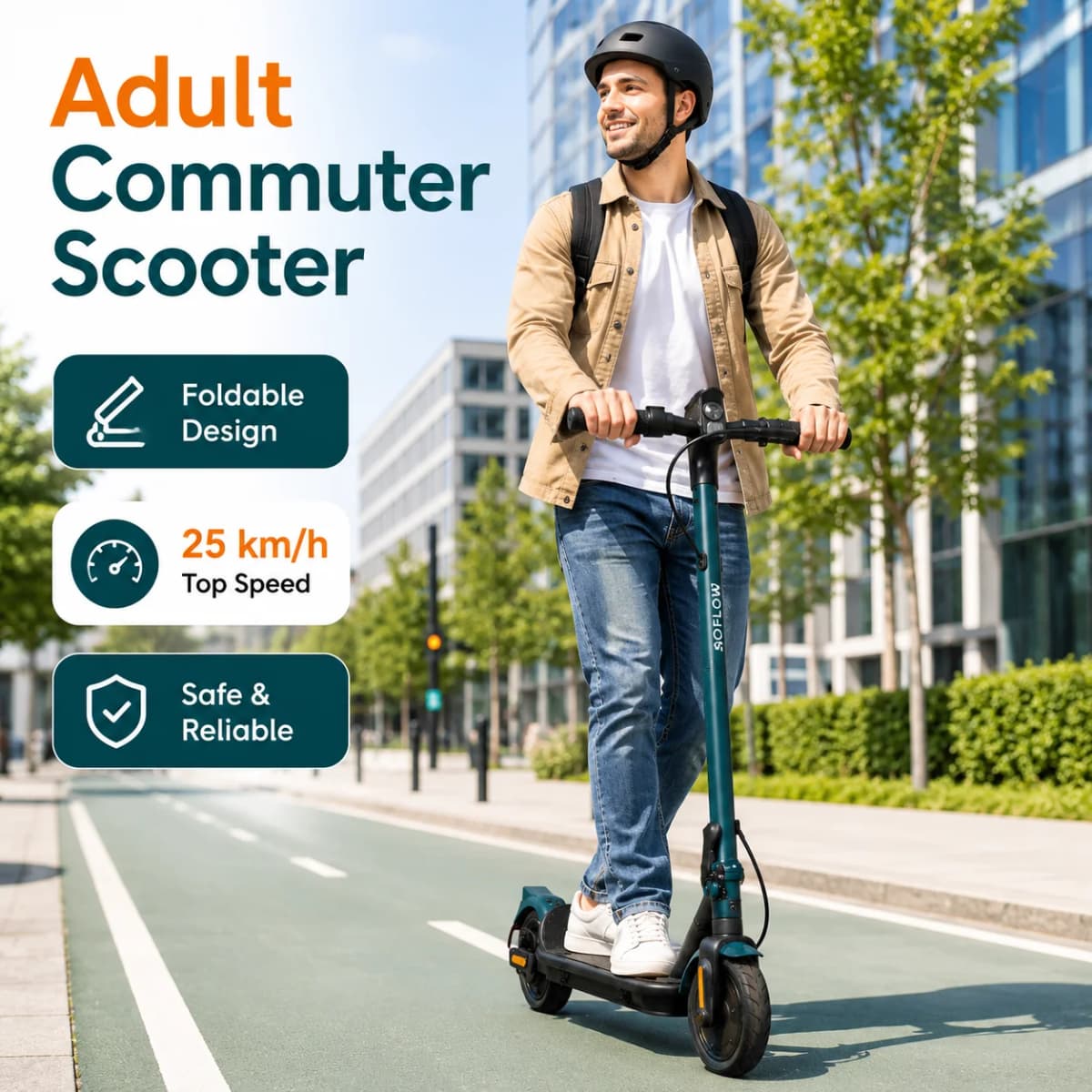 SOFLOW Adult Folding Electric Scooter 350W Motor 25km/h Max Speed 36V 5Ah Battery 8.5 Inch Tire Portable Foldable E‑Scooter for City Commute