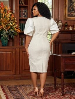 Plus Size Round Neck Puff Short Sleeve Midi Dress For Women Formal Office Business Banquet Bodycon Pencil Dress