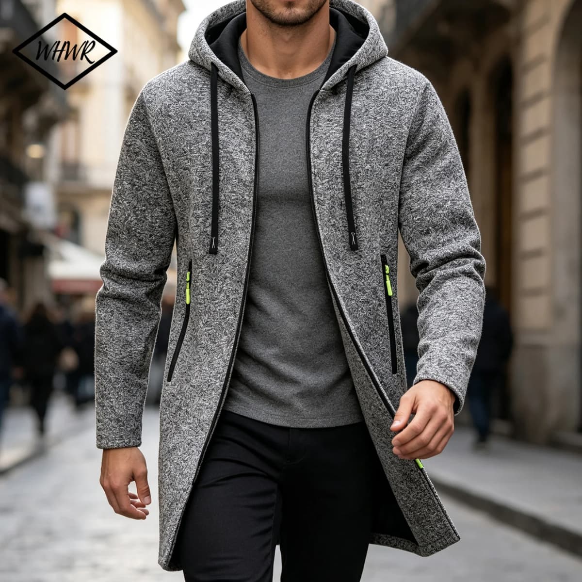 Men Mid‑Long Hooded Zip Up Jacket Heather Fleece Lined Hoodie Coat Drawstring Hood Long Casual Overcoat Casual Outerwear