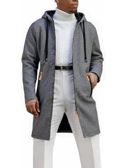 Men Mid‑Long Hooded Zip Up Jacket Heather Fleece Lined Hoodie Coat Drawstring Hood Long Casual Overcoat Casual Outerwear
