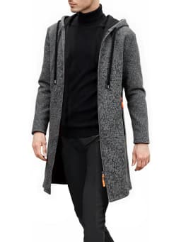 Men Mid‑Long Hooded Zip Up Jacket Heather Fleece Lined Hoodie Coat Drawstring Hood Long Casual Overcoat Casual Outerwear