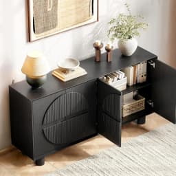 ONBRILL 63 Inch (160cm) Modern Fluted Buffet Cabinet - Storage Sideboard w/Push-Spring Doors, Entryway Dresser, Black