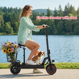 500W Electric Scooter with Seat and Basket, Front Suspension 22 MPH & 21 Miles Range, 10 Inch Solid Tires, Foldable Commuter E-Scooter with LCD Display, Dual Braking