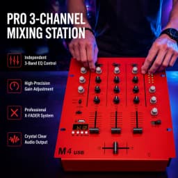 NXG 4-Channel Professional DJ Audio Mixer | Comes with a Wired Dynamic Microphone, Bluetooth USB DJ Sound Mixing Console, Perfect for Live Streaming, Karaoke, Studio Recording, Plug-and-Play Combo Set Black Friday/Halloween Promo Set Red