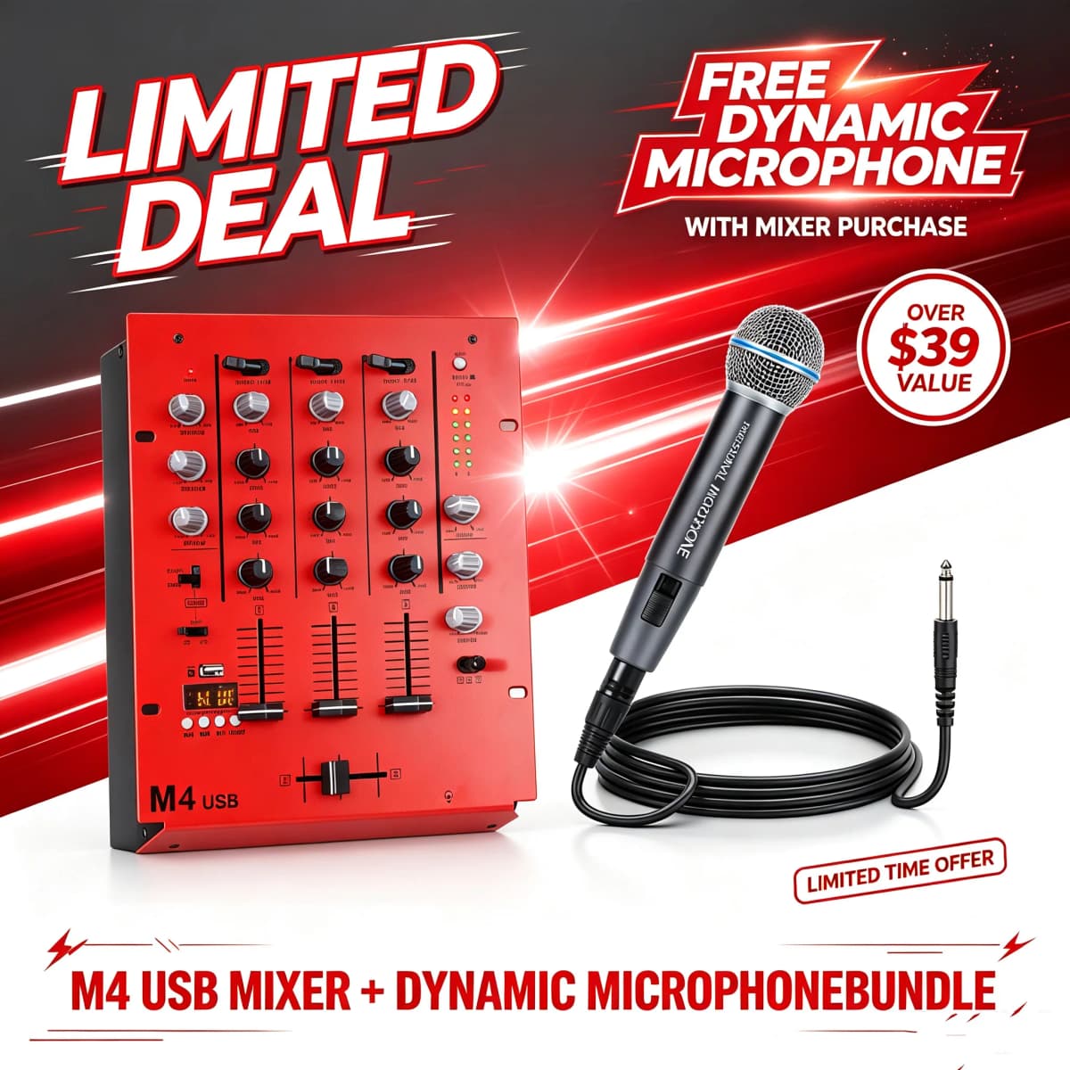 NXG 4-Channel Professional DJ Audio Mixer | Comes with a Wired Dynamic Microphone, Bluetooth USB DJ Sound Mixing Console, Perfect for Live Streaming, Karaoke, Studio Recording, Plug-and-Play Combo Set Black Friday/Halloween Promo Set Red