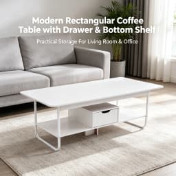 Modern Rectangular Coffee Table with Drawer & Bottom Shelf, 47.2x23.6x16.5in Side Table with 22 lbs Capacity, White PVC Veneered End Table for Living Room Office
