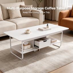 Modern Rectangular Coffee Table with Drawer & Bottom Shelf, 47.2x23.6x16.5in Side Table with 22 lbs Capacity, White PVC Veneered End Table for Living Room Office