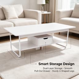 Modern Rectangular Coffee Table with Drawer & Bottom Shelf, 47.2x23.6x16.5in Side Table with 22 lbs Capacity, White PVC Veneered End Table for Living Room Office