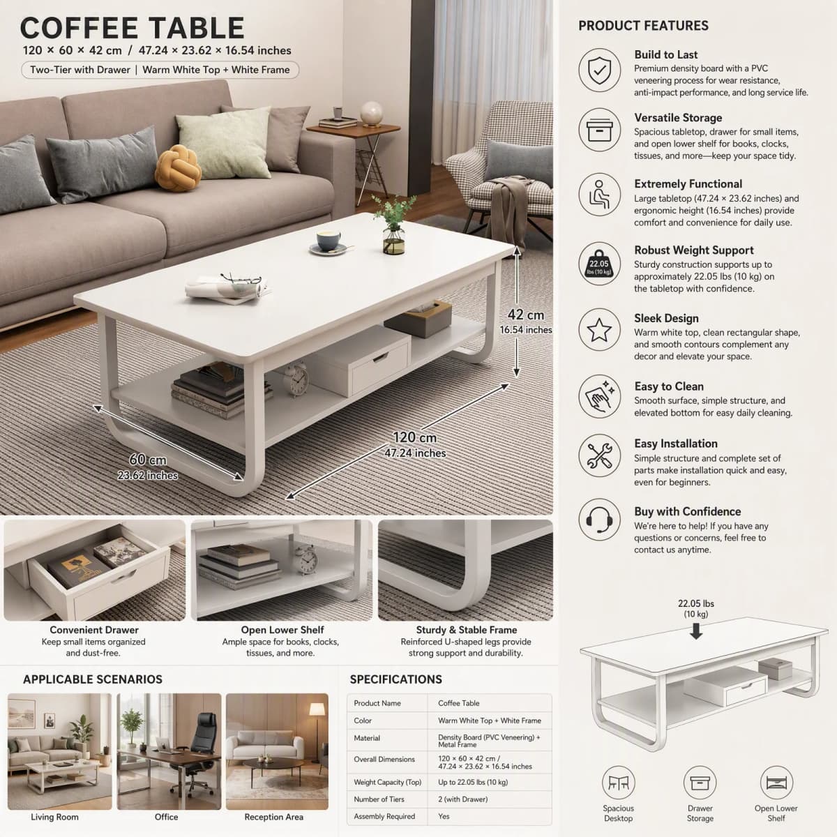 Modern Rectangular Coffee Table with Drawer & Bottom Shelf, 47.2x23.6x16.5in Side Table with 22 lbs Capacity, White PVC Veneered End Table for Living Room Office