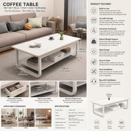 Modern Rectangular Coffee Table with Drawer & Bottom Shelf, 47.2x23.6x16.5in Side Table with 22 lbs Capacity, White PVC Veneered End Table for Living Room Office