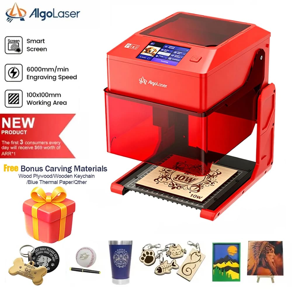 AlgoLaser PIXI 10W Portable Mini Laser Engraver Machine, 3.5" Smart IPS Touchscreen with AlgoOS System, Offline Working DIY Laser Cutter for Wood, Leather, Plastic, Acrylic, Compact Desktop Logo Craft Engraver for Home Handmade & Creative DIY Projects