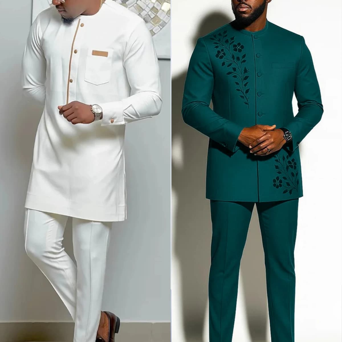 2Piece Sets Mens Outfit Embroidered Pocket Long Sleeve Top Pants Men's Wedding Suit Business Ethnic Casual Wear Tee Shirt Homme