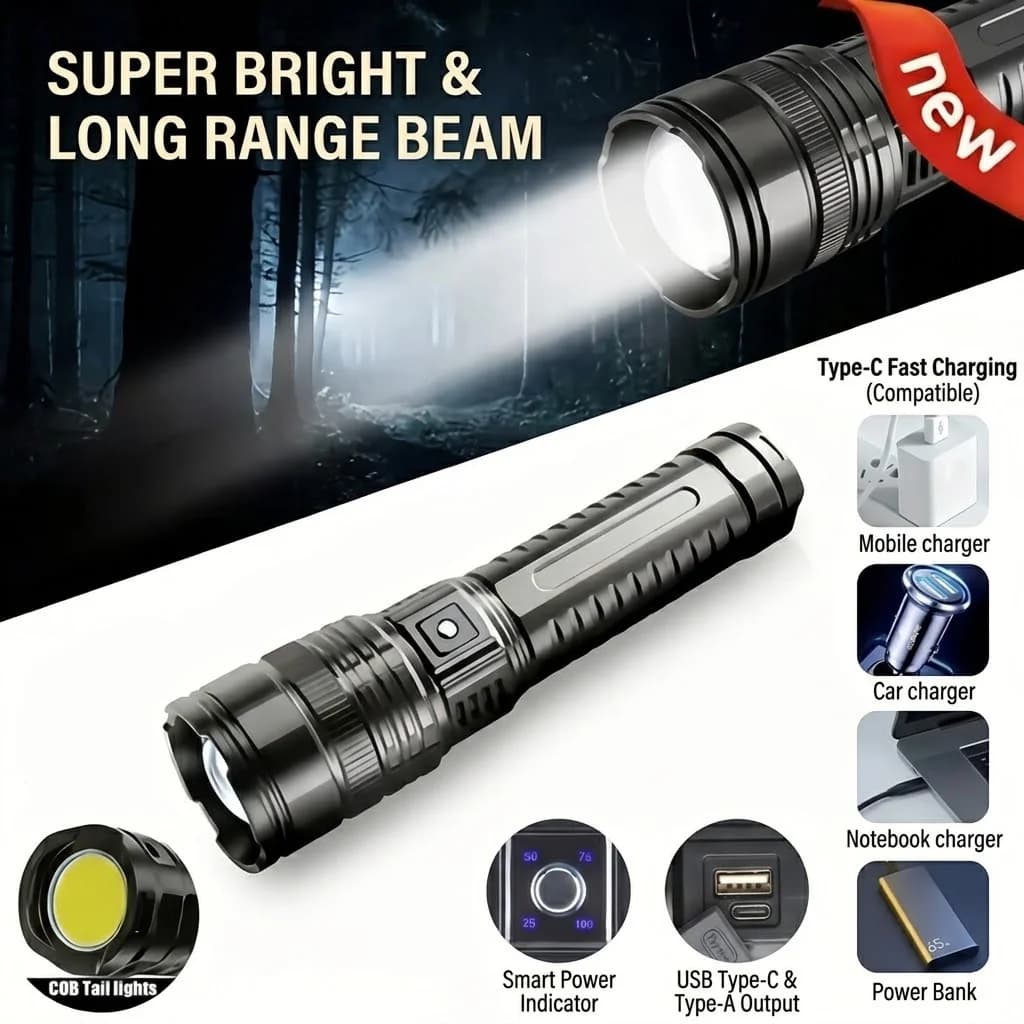 LED Rechargeable Flashlight, Super Bright High Lumen Zoomable Tactical Flashlight with COB Tail Light, Type‑C Fast Charging, Power Display, USB‑A Output Power Bank Function, Waterproof Handheld Torch for Camping Hiking Emergency Outdoor