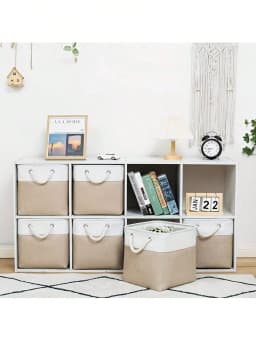Fabric Storage Bins 6 Pack Foldable Khaki Bins with Rope Handles for Home Office Organizer Closet Shelves