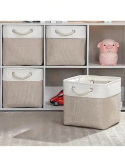 Fabric Storage Bins 6 Pack Foldable Khaki Bins with Rope Handles for Home Office Organizer Closet Shelves