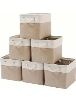 Fabric Storage Bins 6 Pack Foldable Khaki Bins with Rope Handles for Home Office Organizer Closet Shelves