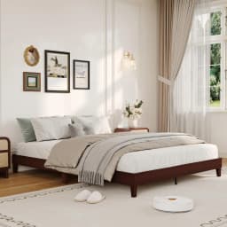 Queen Size Wood Platform Bed Frame 9in, Dark Walnut Low Profile Bed With Wood Slats, No Box Spring, Noise Free, 800 lb Support