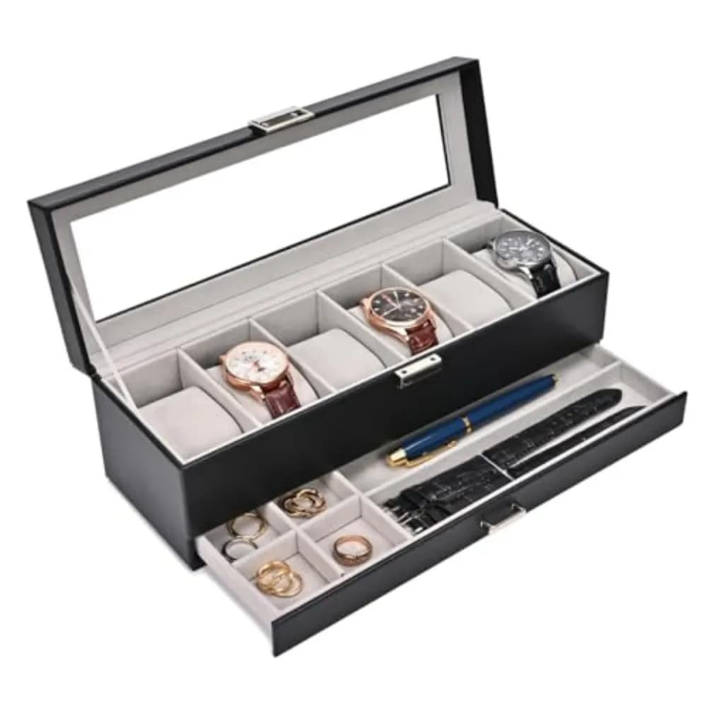 ProCase Watch Box, 6 Slot Watch Display Case with Drawer -Black