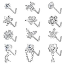 12Pcs Stainless Steel 20G Nose Rings L Shaped Nose Studs for Women CZ Heart Flower Leaf Moon Dangle Nose Studs Piercing Jewelry