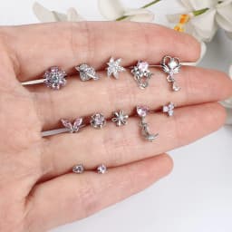 12Pcs Stainless Steel 20G Nose Rings L Shaped Nose Studs for Women CZ Heart Flower Leaf Moon Dangle Nose Studs Piercing Jewelry