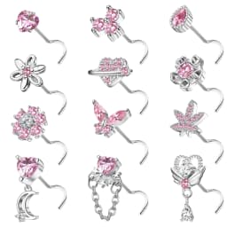 12Pcs Stainless Steel 20G Nose Rings L Shaped Nose Studs for Women CZ Heart Flower Leaf Moon Dangle Nose Studs Piercing Jewelry