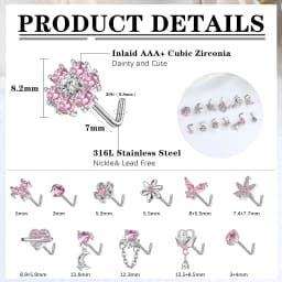 12Pcs Stainless Steel 20G Nose Rings L Shaped Nose Studs for Women CZ Heart Flower Leaf Moon Dangle Nose Studs Piercing Jewelry