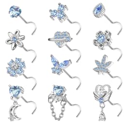 12Pcs Stainless Steel 20G Nose Rings L Shaped Nose Studs for Women CZ Heart Flower Leaf Moon Dangle Nose Studs Piercing Jewelry