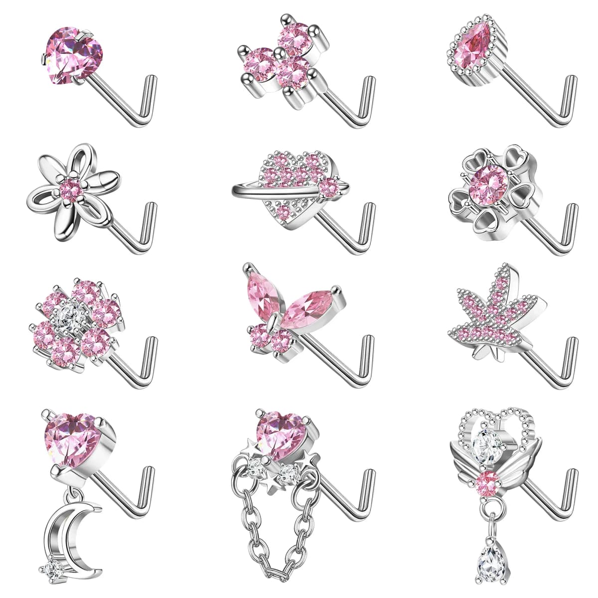 12Pcs Stainless Steel 20G Nose Rings L Shaped Nose Studs for Women CZ Heart Flower Leaf Moon Dangle Nose Studs Piercing Jewelry
