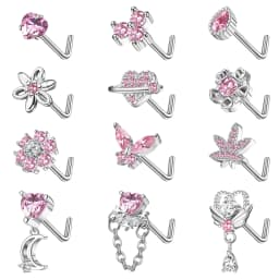 12Pcs Stainless Steel 20G Nose Rings L Shaped Nose Studs for Women CZ Heart Flower Leaf Moon Dangle Nose Studs Piercing Jewelry