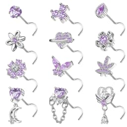 12Pcs Stainless Steel 20G Nose Rings L Shaped Nose Studs for Women CZ Heart Flower Leaf Moon Dangle Nose Studs Piercing Jewelry