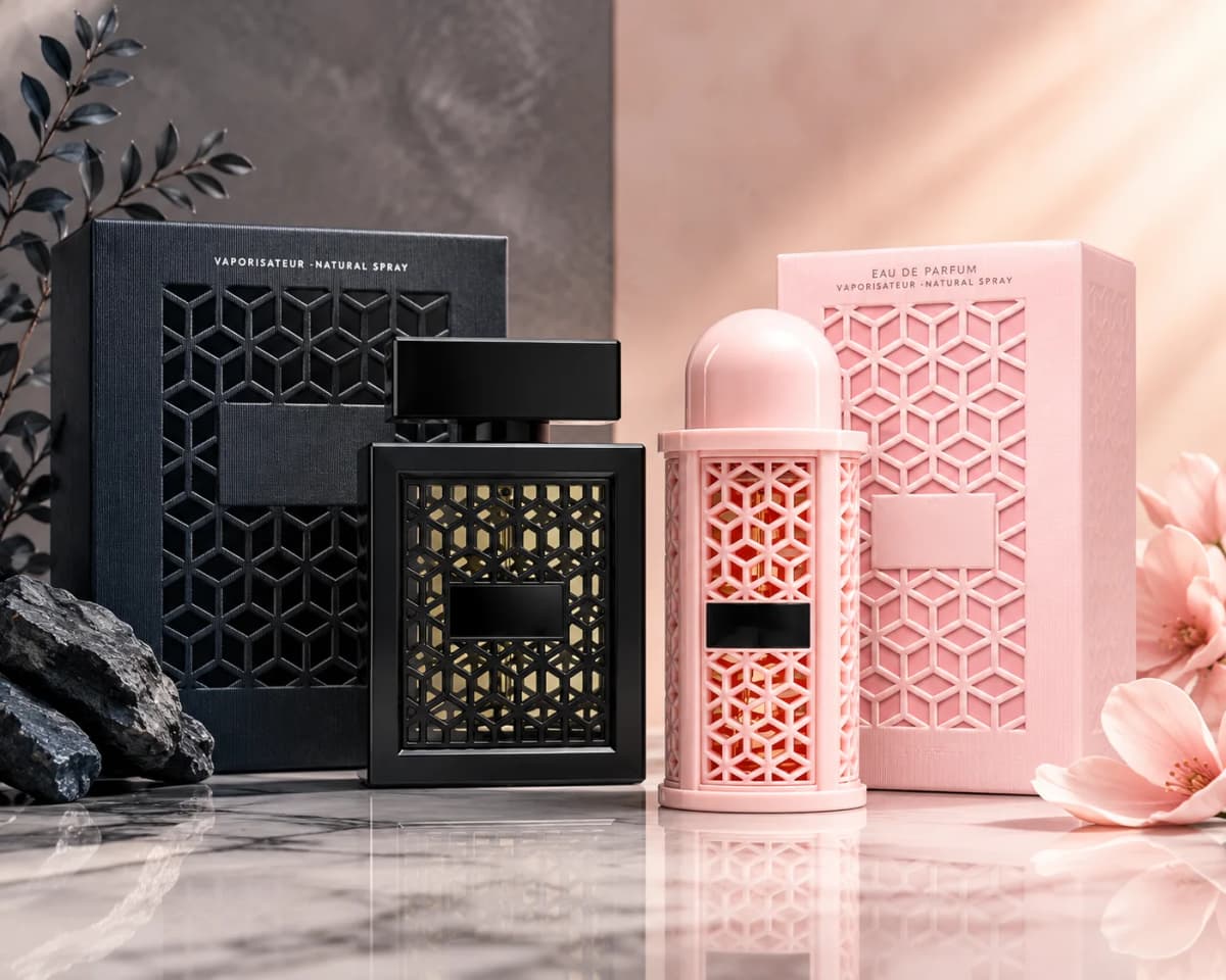 Unisex EDP Perfume Set 100ml 3.4oz Black Square & Pink Cylinder Hollow Cage Bottle Spray Long‑Lasting Oriental Woody Scent Dubai Arabian Luxury Gift Set