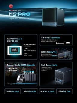 MINISFORUM N5 Pro 5-Bay Desktop AI NAS, AMD Ryzen AI 9 HX PRO 370 12-Core/24T CPU, 128GB SSD, 1x10GbE, 1x5GbE, 1xM.2+2xU.2/M.2 Slots, 2xUSB4(8K), 8K HDMI, OCuLink, Network Attached Storage (Diskless)