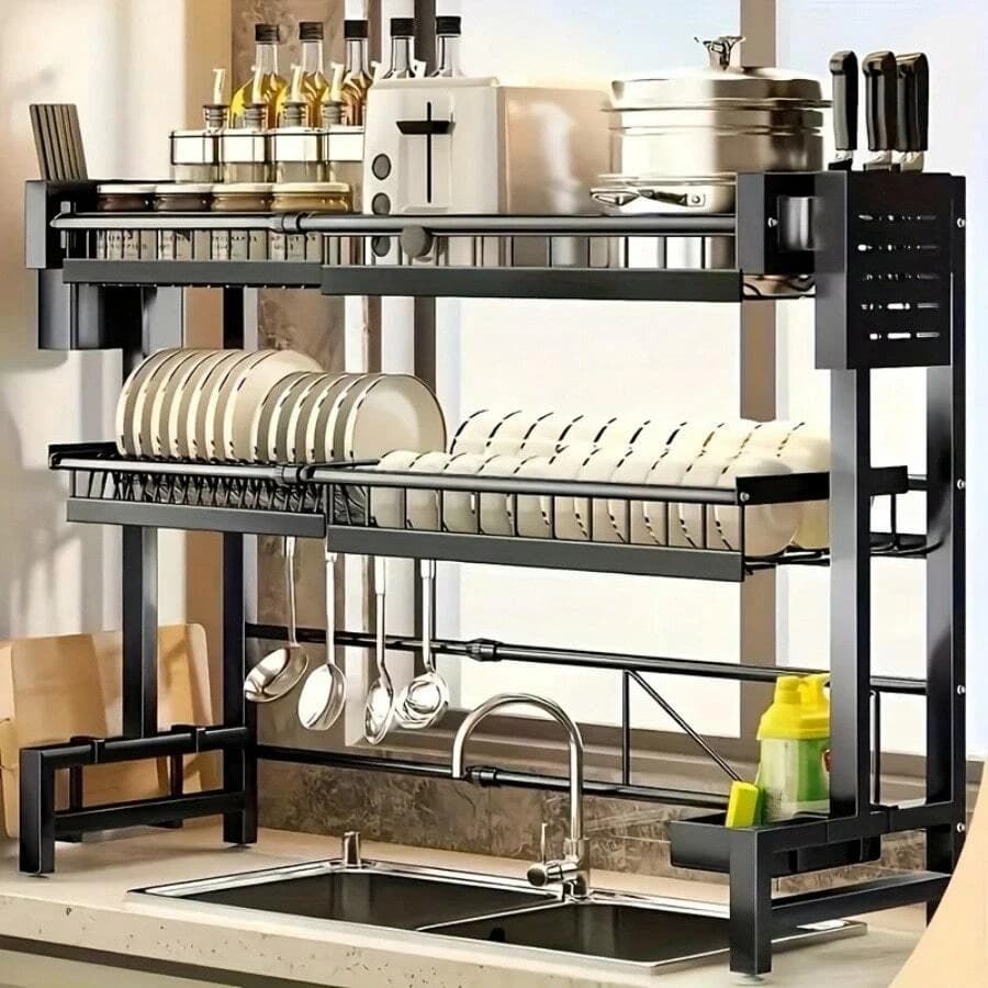 LEO IRIS 1pc Countertop Dish Storage Drainage Rack Expandable Kitchen Sink Shelf Dish Rack Drainer Black Kitchen Organizer SH260309171426788045536