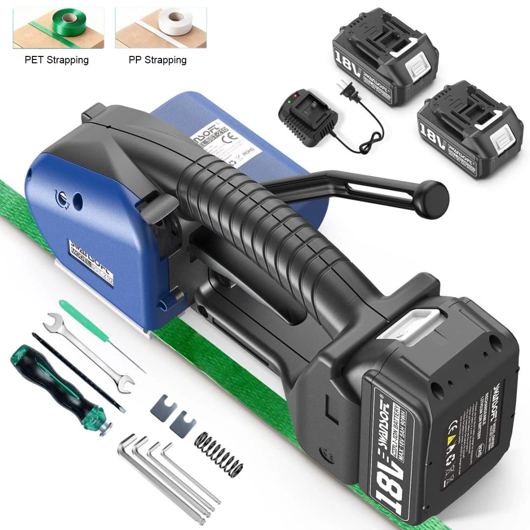 SWANSOFT 2100N Semi-Automatic Electric Strapping Machine for Width 0.51" - 0.63" PP PET Straps 18V 2x5Ah Battery Powered Strapping Banding Tools for Packaging Box Pallet