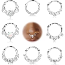 8PCS 16G Septum Clicker Ring Stainless Steel CZ Opal Cartilage Helix Hoop Daith Earrings Nose Rings Piercing Jewelry 10MM