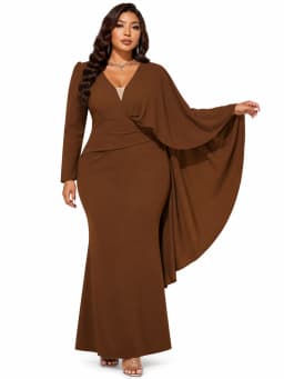 Women Plus Size Curvy Figure‑Flattering Mermaid Evening Dress, Asymmetrical Flowy Cape Sleeve Twisted Waist V‑Neck Mesh Patchwork Chocolate Brown Bodycon Floor‑Length Maxi Gown For Wedding Guest Church Banquet Prom Evening