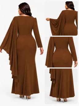 Women Plus Size Curvy Figure‑Flattering Mermaid Evening Dress, Asymmetrical Flowy Cape Sleeve Twisted Waist V‑Neck Mesh Patchwork Chocolate Brown Bodycon Floor‑Length Maxi Gown For Wedding Guest Church Banquet Prom Evening