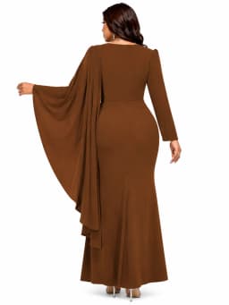 Women Plus Size Curvy Figure‑Flattering Mermaid Evening Dress, Asymmetrical Flowy Cape Sleeve Twisted Waist V‑Neck Mesh Patchwork Chocolate Brown Bodycon Floor‑Length Maxi Gown For Wedding Guest Church Banquet Prom Evening